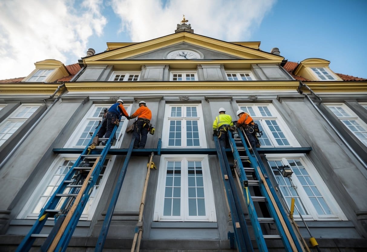 En gruppe arbejdere restaurerer omhyggeligt facaden på en historisk bygning i Odense Danmark ved hjælp af moderne værktøjer og teknikker